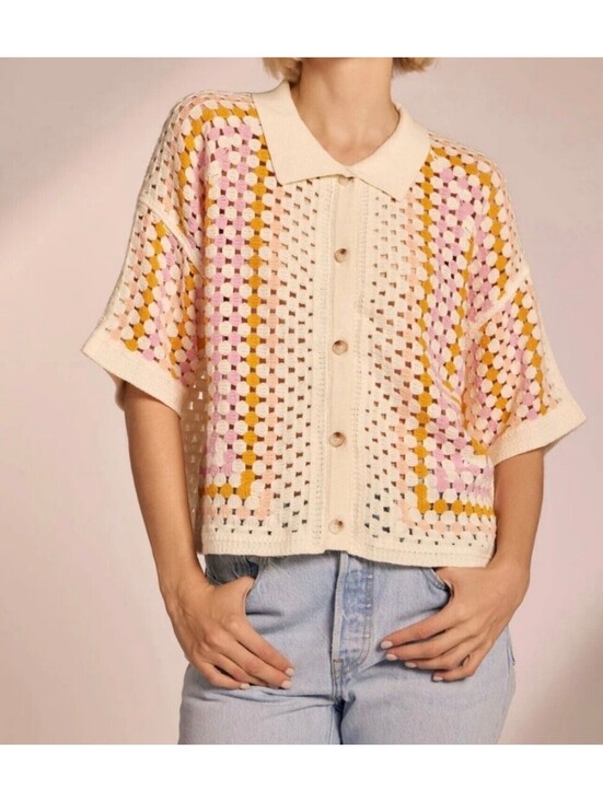 Anthropologie Tops - Leela & Lavender Sacramento Crochet Geometric Granny Boho Open Knit Cardi s/m
